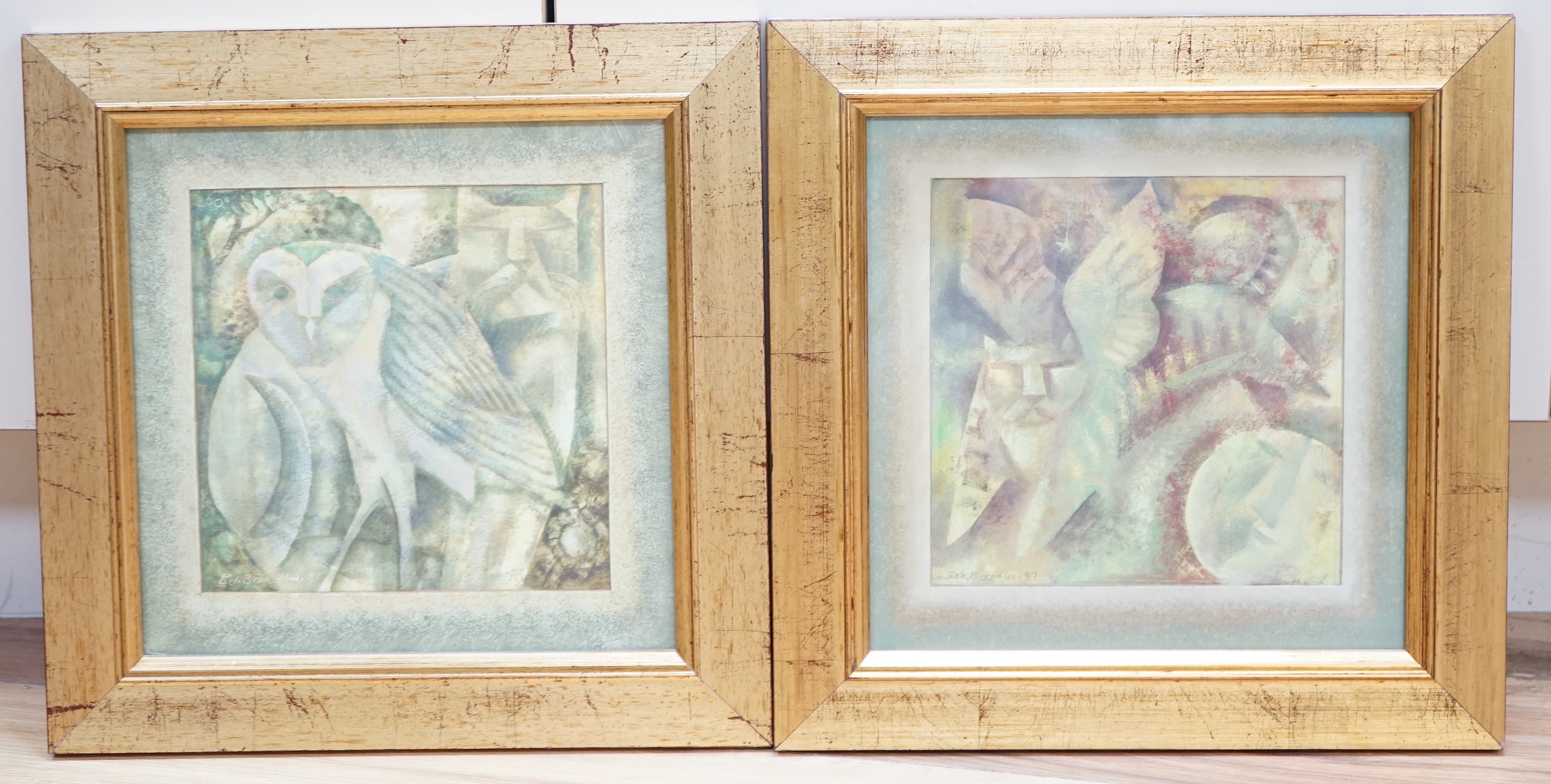 Bob Broadley (b.1939), pair of mixed medias, 'If cats could fly' and 'The owl and the pussy cat', each signed and dated '97, inscribed gallery labels verso, each 20 x 20cm